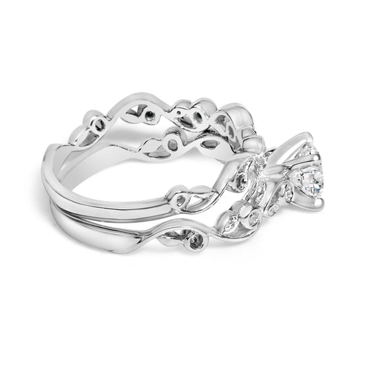 Anillo de compromiso y conjunto de alianzas de oro blanco de 14 quilates con diamantes cultivados en laboratorio de 1,0 quilates de estilo vintage - Talla del anillo 5