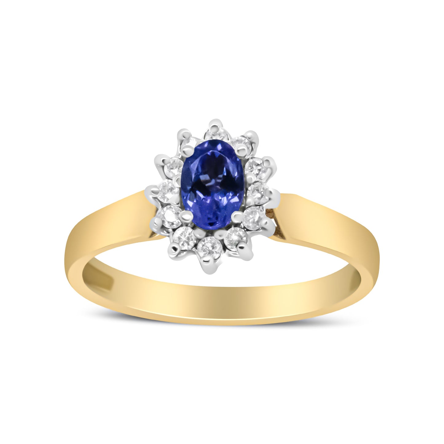Anillo de Halo de Oro Amarillo de 14K con Diamantes Redondos de 1/5 Cttw y Tanzanita Azul Ovalada de 6x4mm (Color H-I, Claridad I1-I2) - Talla 7.75