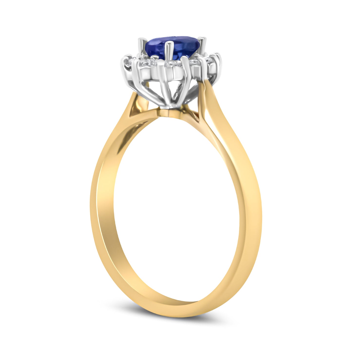 Anillo de Halo de Oro Amarillo de 14K con Diamantes Redondos de 1/5 Cttw y Tanzanita Azul Ovalada de 6x4mm (Color H-I, Claridad I1-I2) - Talla 7.75