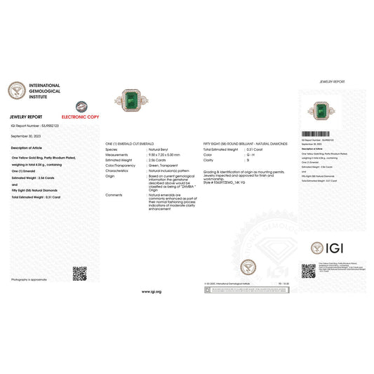 Anillo de oro amarillo de 14 quilates con esmeralda zambiana auténtica de 2,87 quilates certificada por IGI y diamantes blancos