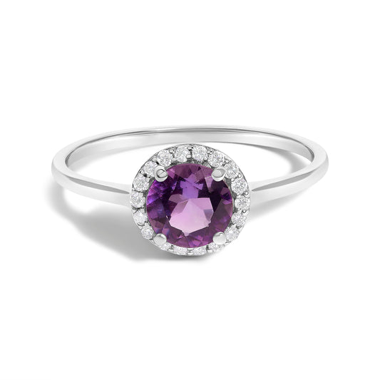 Anillo de oro blanco de 10K con amatista morada y halo de diamantes de 1/10 Cttw