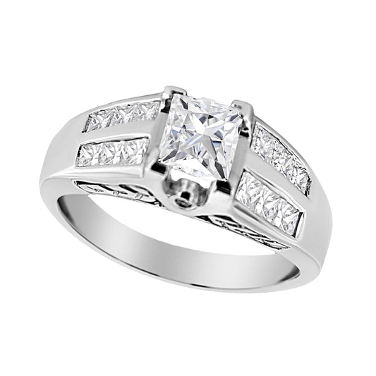 Anillo de compromiso de oro blanco de 14K con diamantes de talla princesa de 1 1/4 Cttw engastados en carril (color H-I, claridad SI1-SI2) - Talla 7
