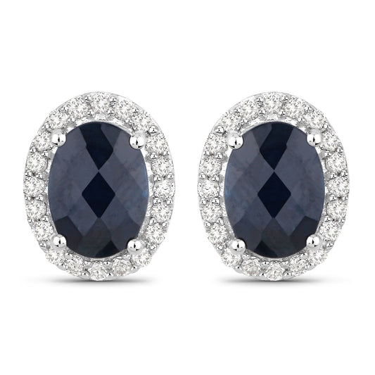 Pendientes de oro blanco de 14 quilates con zafiro azul auténtico de 2,16 quilates y diamantes blancos