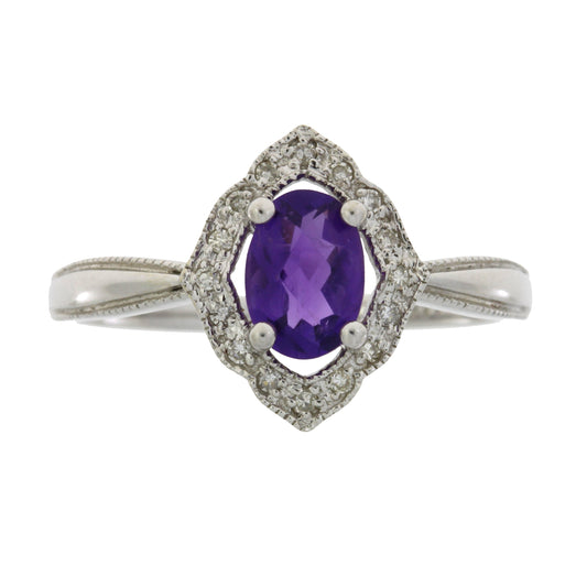 Anillo de amatista y diamantes de 1,06 ct en oro blanco de 14 kt