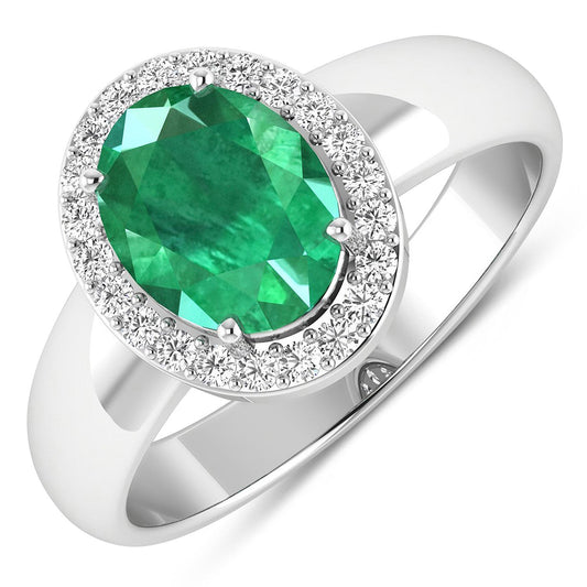 Anillo de oro blanco de 14K con esmeralda zambiana auténtica de 1,87 quilates y diamante blanco