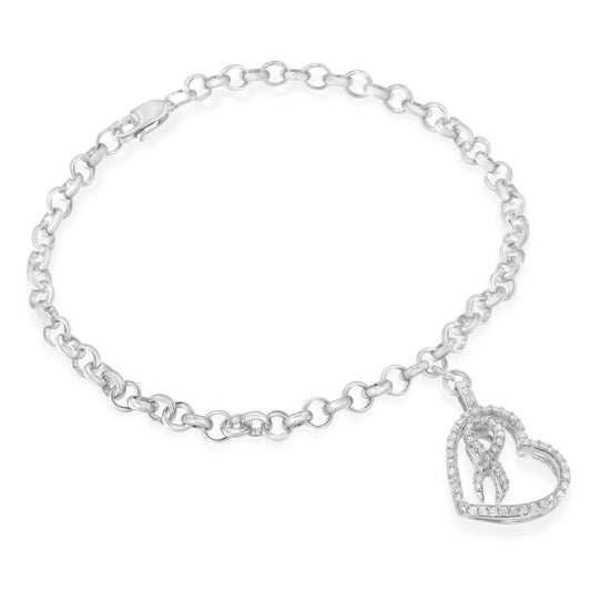 Pulsera de cadena de eslabones de plata de ley .925 de 17,78 cm con dije de corazón y lazo acentuados con diamantes de 1/4 Cttw (color H-I, claridad I1-I2)