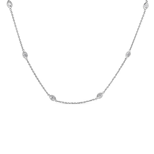 Collar de oro blanco de 14 quilates con diamantes redondos de 1,00 quilates engastados en bisel con forma de marquesa y detalles milgrain de 45,72 cm (color G-H, claridad SI1-SI2)