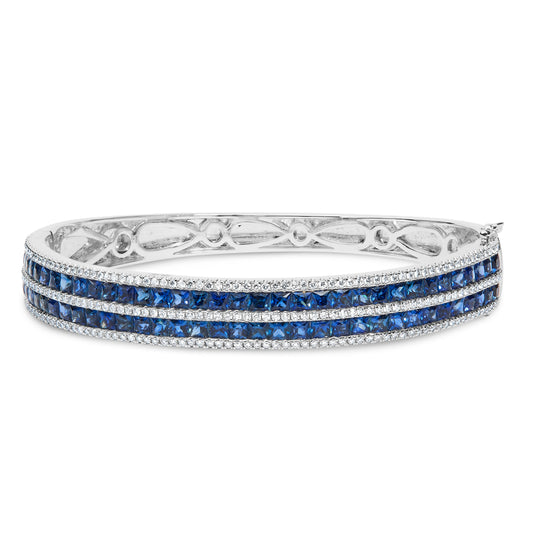 Pulsera de oro blanco de 18 quilates con diamantes alternados y zafiros azules talla princesa de 8,00 quilates en varias filas (color G-H, claridad VS1-VS2) - 7 pulgadas