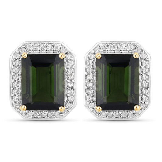 Pendientes de oro amarillo de 14 quilates con turmalina verde genuina de 3,57 quilates y diamantes blancos