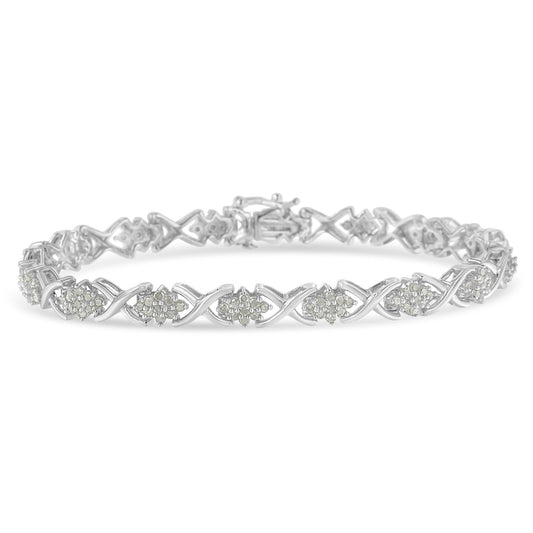 Pulsera de tenis de plata de ley .925 con eslabones X y racimo de diamantes de 1-1/2 Cttw, 7" (color I-J, claridad I3)