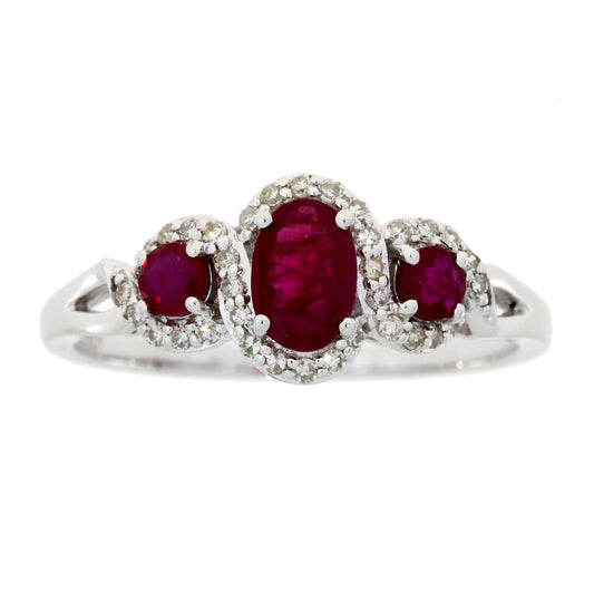 Anillo de 3 piedras de rubí y diamante de 1,04 ct, oro blanco de 14K