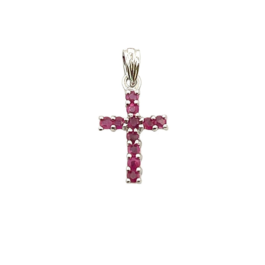 Colgante religioso de cruz con rubí de 0,21 ct en oro blanco de 10 kt