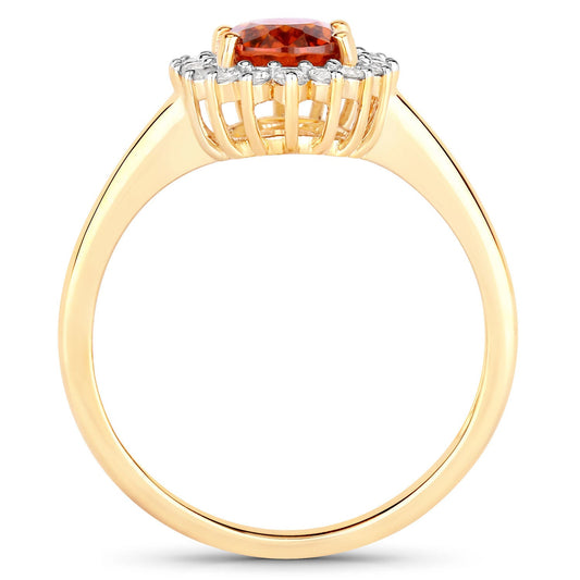Anillo de oro amarillo de 14K con granate espesartita auténtico de 1,87 quilates y diamantes blancos