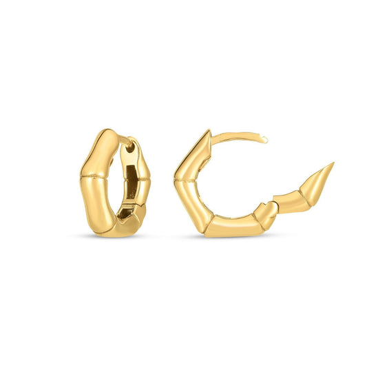 Pendientes de aro tipo huggie de bambú en oro amarillo de 14k