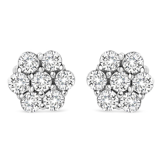 Pendientes de botón florales de oro blanco de 14K con diamantes de talla redonda de 1/2 cttw (color I-J, claridad SI2-I1)