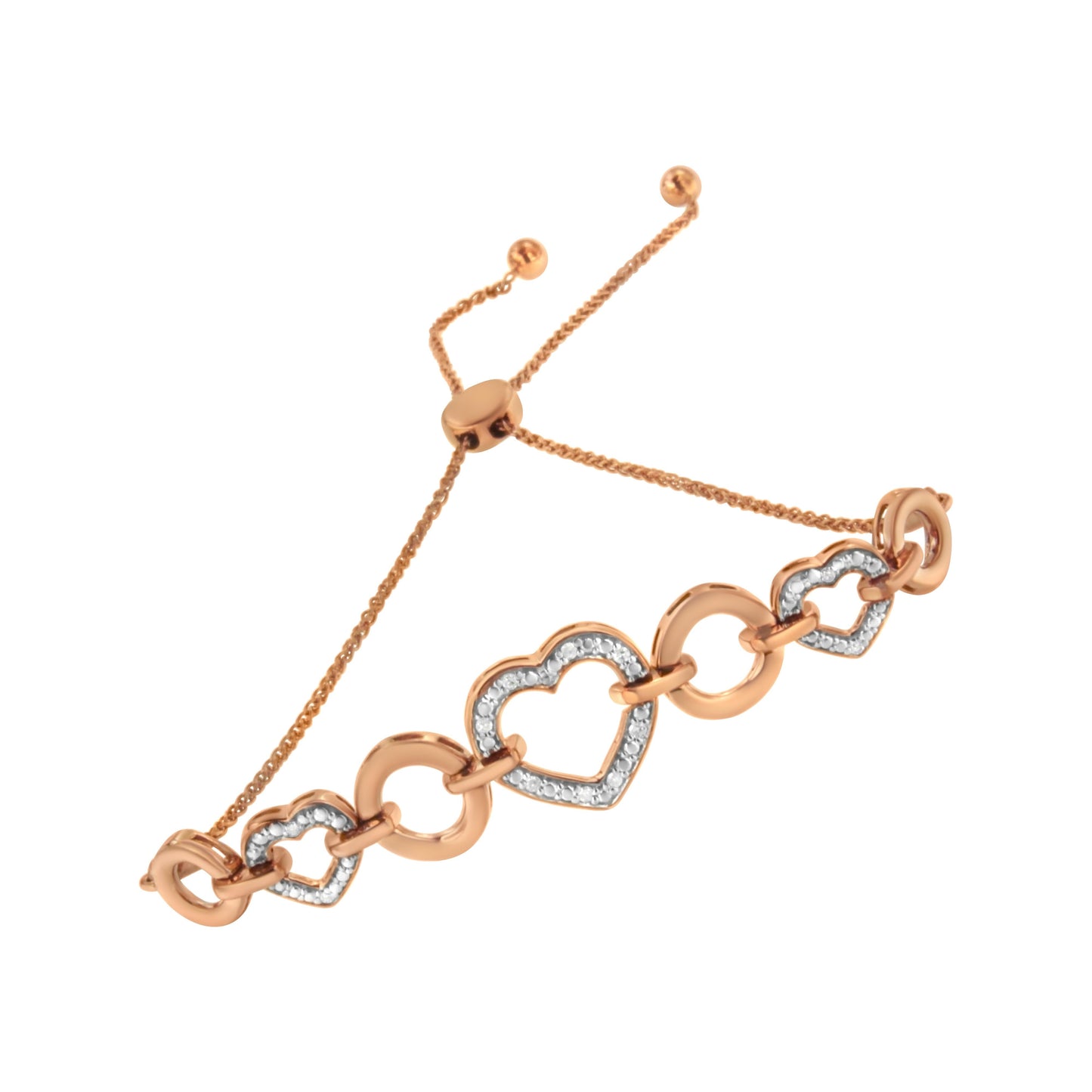 Pulsera ajustable tipo bolo de 15 a 25 cm con eslabones de círculo y corazón con acentos de diamante en plata de ley .925 bañada en oro rosa de 14 quilates