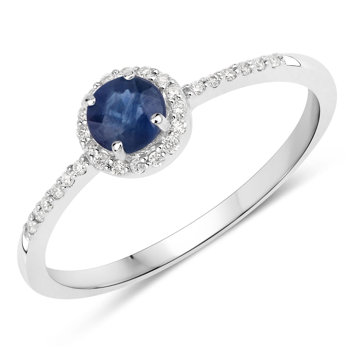 Anillo de oro blanco de 14 quilates con zafiro azul auténtico de 0,38 quilates y diamantes blancos