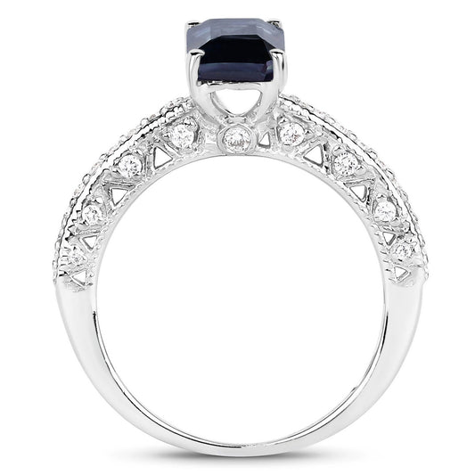 Anillo de oro blanco de 14K con zafiro azul genuino de 1.55 quilates y diamante blanco (color I, claridad SI)
