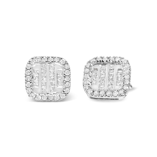 Pendientes de oro blanco de 10 quilates con diamantes princesa de 7/8 quilates totales, diseño compuesto y halo (color I-J, claridad I1-I2)
