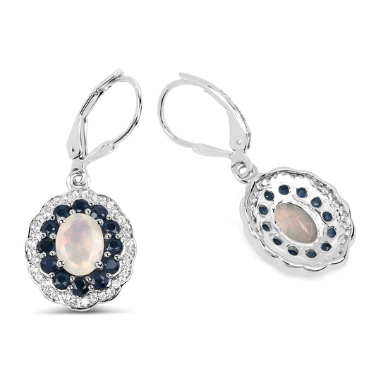 2.80 Carat Genuine Ethiopian Opal, Blue Sapphire and White Topaz .925 Sterling Silver Earrings - view 2