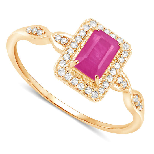 Anillo de oro amarillo de 14 quilates con rubí genuino de 0,75 quilates y diamantes blancos