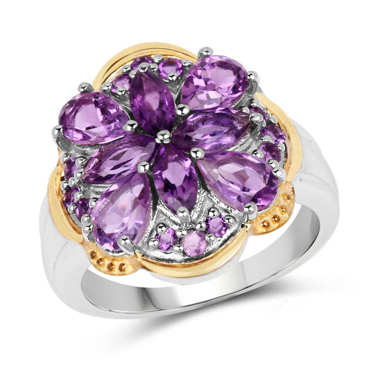 Anillo de Plata Fina de .925 con Amatista Genuina de 2.66 Quilates con Baño de Dos Tonos