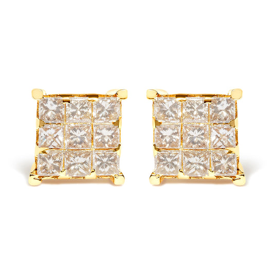 Pendientes de botón cuadrados de 9 piedras de oro amarillo de 14 quilates con diamantes talla princesa de 1 1/2 quilates en engaste invisible (color J-K, claridad SI2-I1)