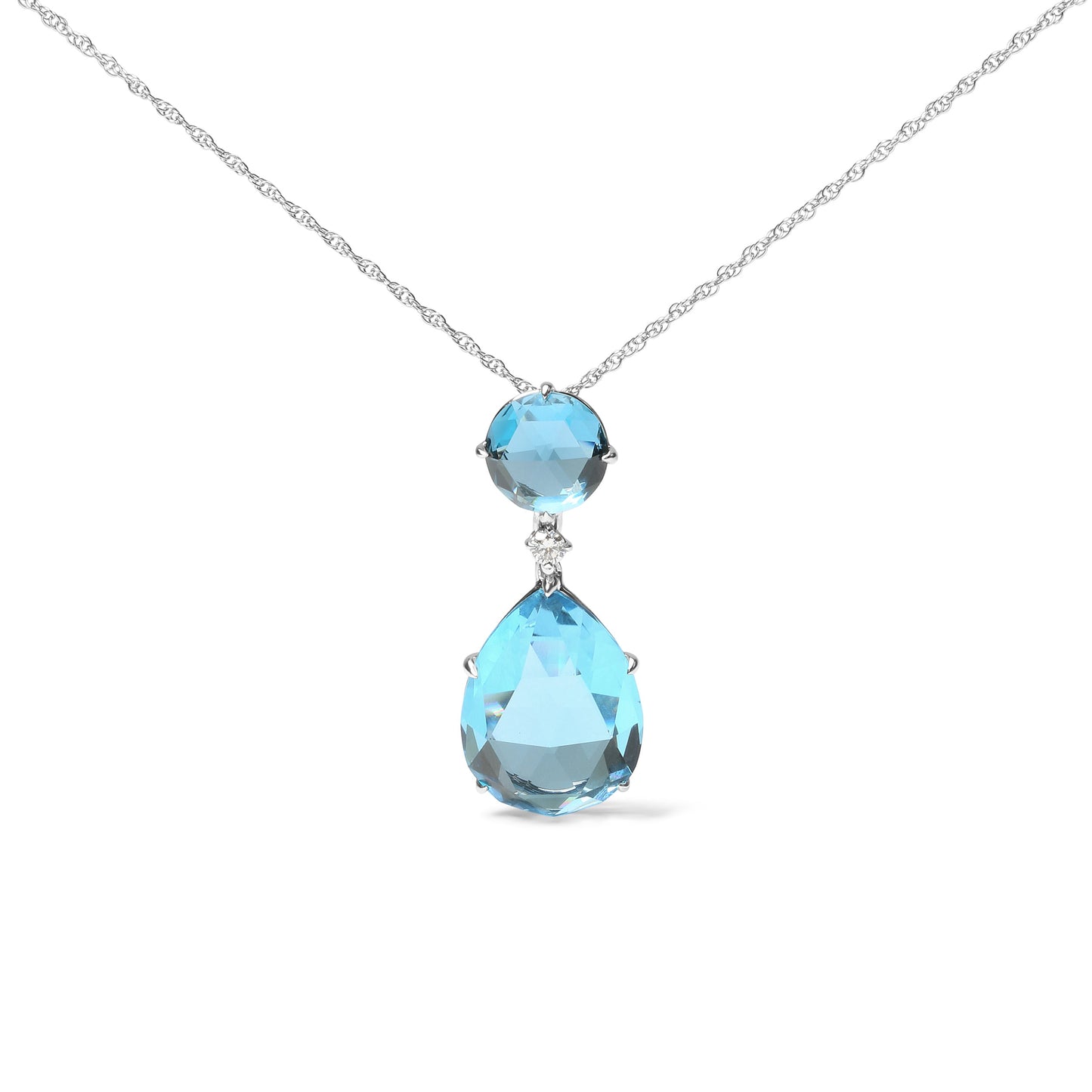 Collar con colgante de 45,7 cm de oro blanco de 18 quilates con acento de diamantes, topacio azul de Londres redondo y topacio azul cielo talla pera (color G-H, claridad SI1-SI2)