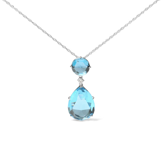 Collar con colgante de 45,7 cm de oro blanco de 18 quilates con acento de diamantes, topacio azul de Londres redondo y topacio azul cielo talla pera (color G-H, claridad SI1-SI2)