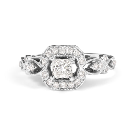 Anillo de compromiso de oro blanco de 14 quilates con diamantes de 3/4 Cttw, estilo halo y vástago tejido (color G-H, claridad VS2-SI1) - Talla 7