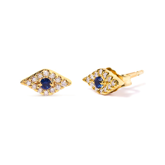 Pendientes de tuerca de oro amarillo de 10 quilates con zafiro azul y acento de diamante de ojo turco (color H-I, claridad I1-I2)
