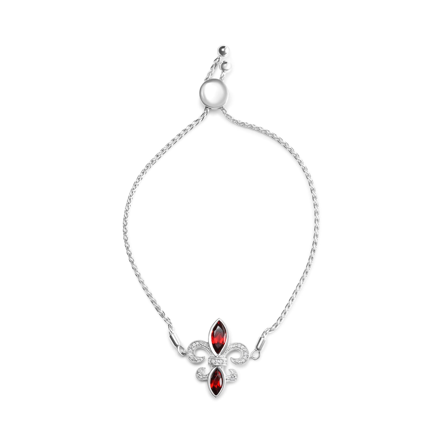 Pulsera bolo ajustable de plata de ley .925 con granate marquesa y acentos de diamante de 4 a 10 pulgadas con diseño de flor de lis (color H-I, claridad SI1-SI2)