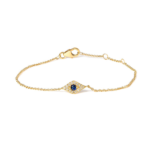 Pulsera de eslabones de estación de oro amarillo de 10 K con zafiro azul y acento de diamante de ojo turco (color H-I, claridad I1-I2) - Talla 7"