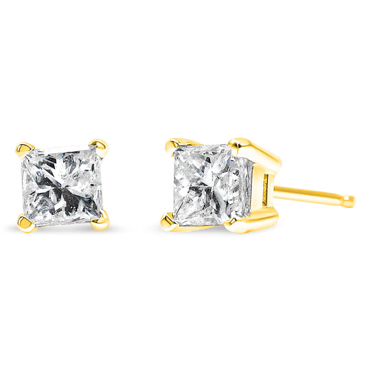 Pendientes solitario de oro amarillo de 14 K con diamantes de corte princesa de 1/4 Cttw, certificados por IGI