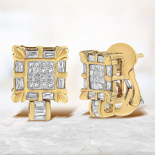 Pendientes Omega de aro tipo arracada con marco cuadrado de diamantes talla princesa y baguette de oro amarillo de 14K de 7/8 Cttw (Color H-I, Claridad SI1-SI2)