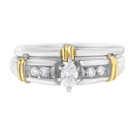 Anillo de compromiso y cóctel con diamantes marquesa de 1/3 Cttw de oro amarillo y blanco de 14K (color H-I, claridad SI1-SI2) - Talla 7