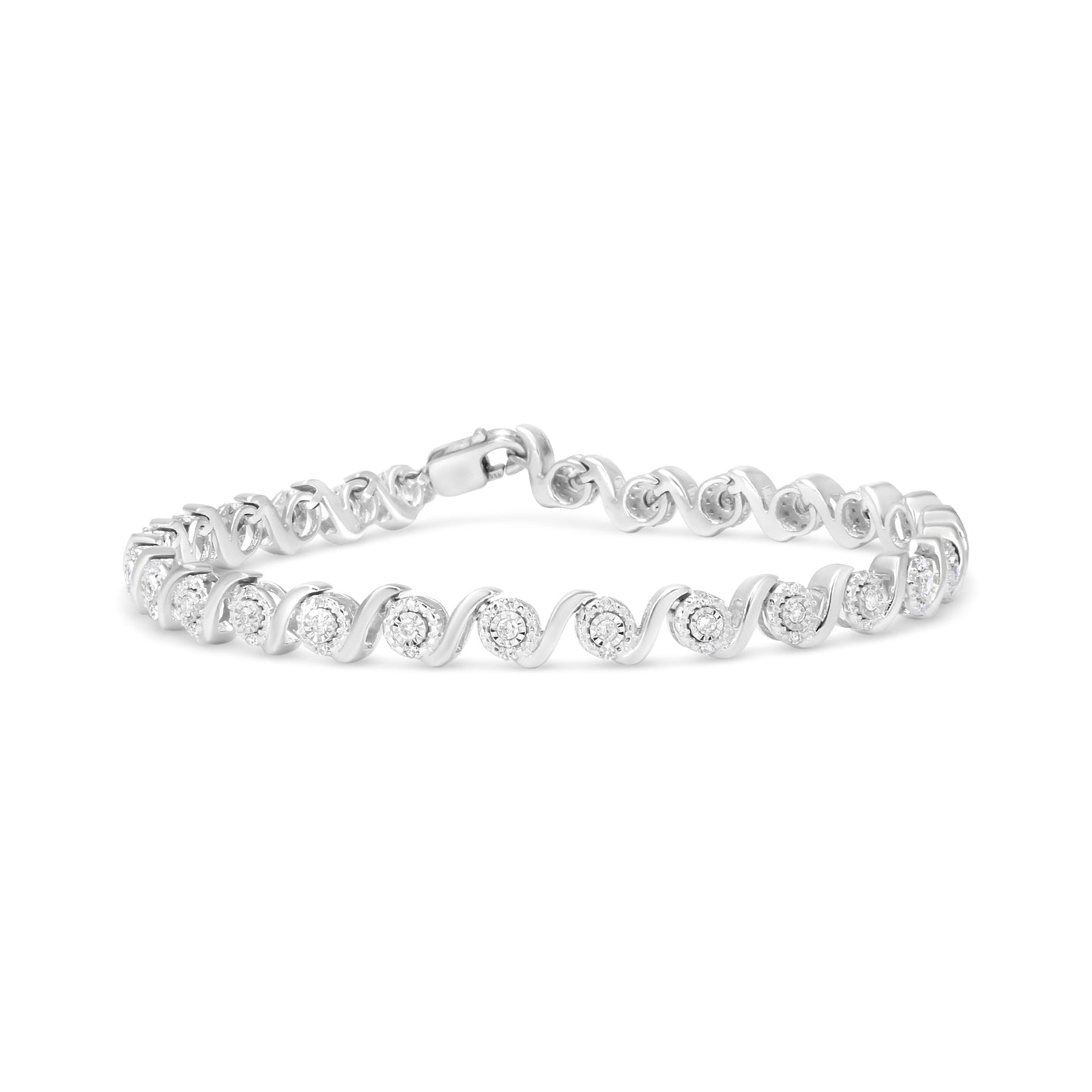 Pulsera de plata esterlina .925 con 1/2 quilate total de diamante redondo en halo y enlace en S (color I-J, claridad I2-I3) - 7.25"