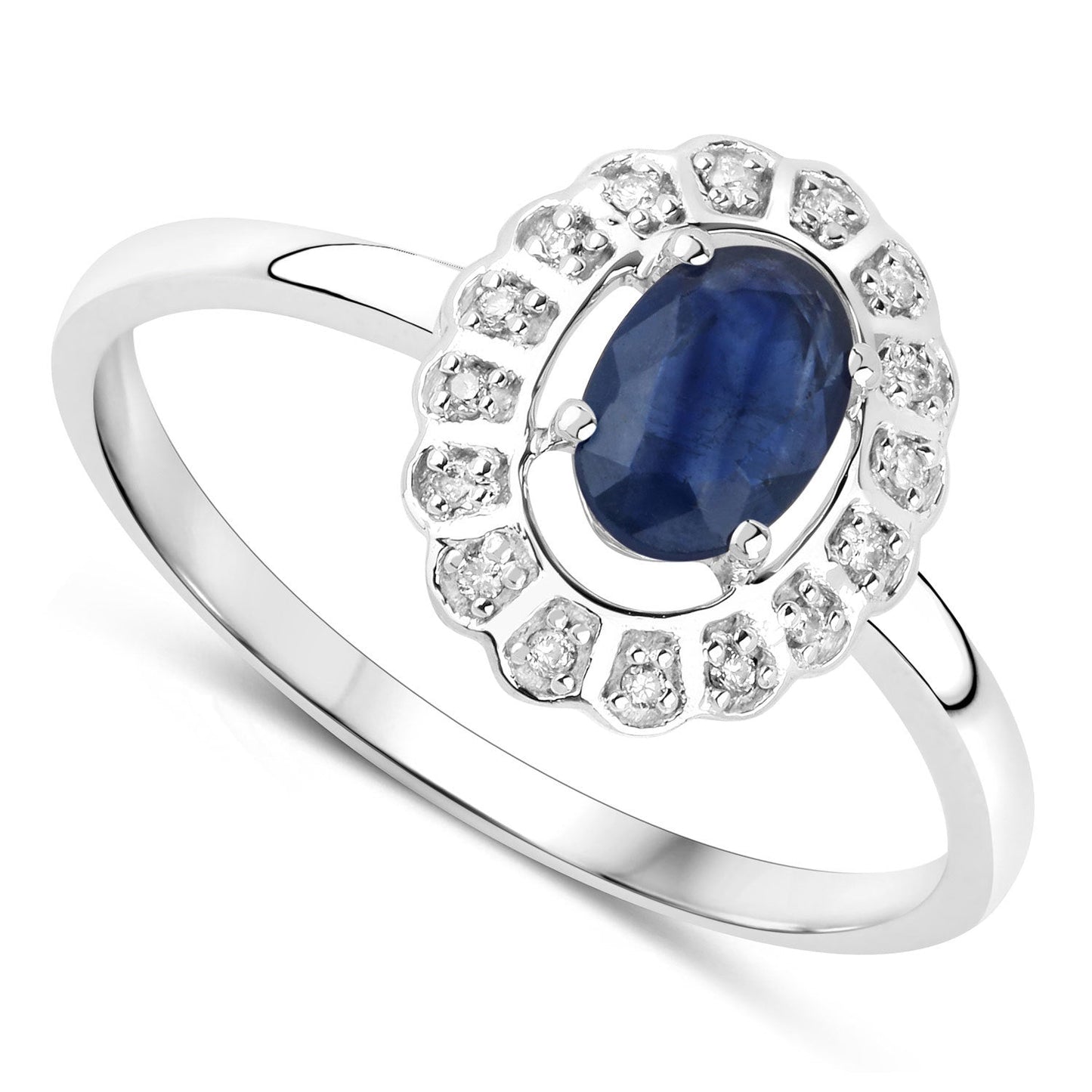 Anillo de oro blanco de 14K con zafiro azul genuino de 0,52 quilates y diamantes blancos