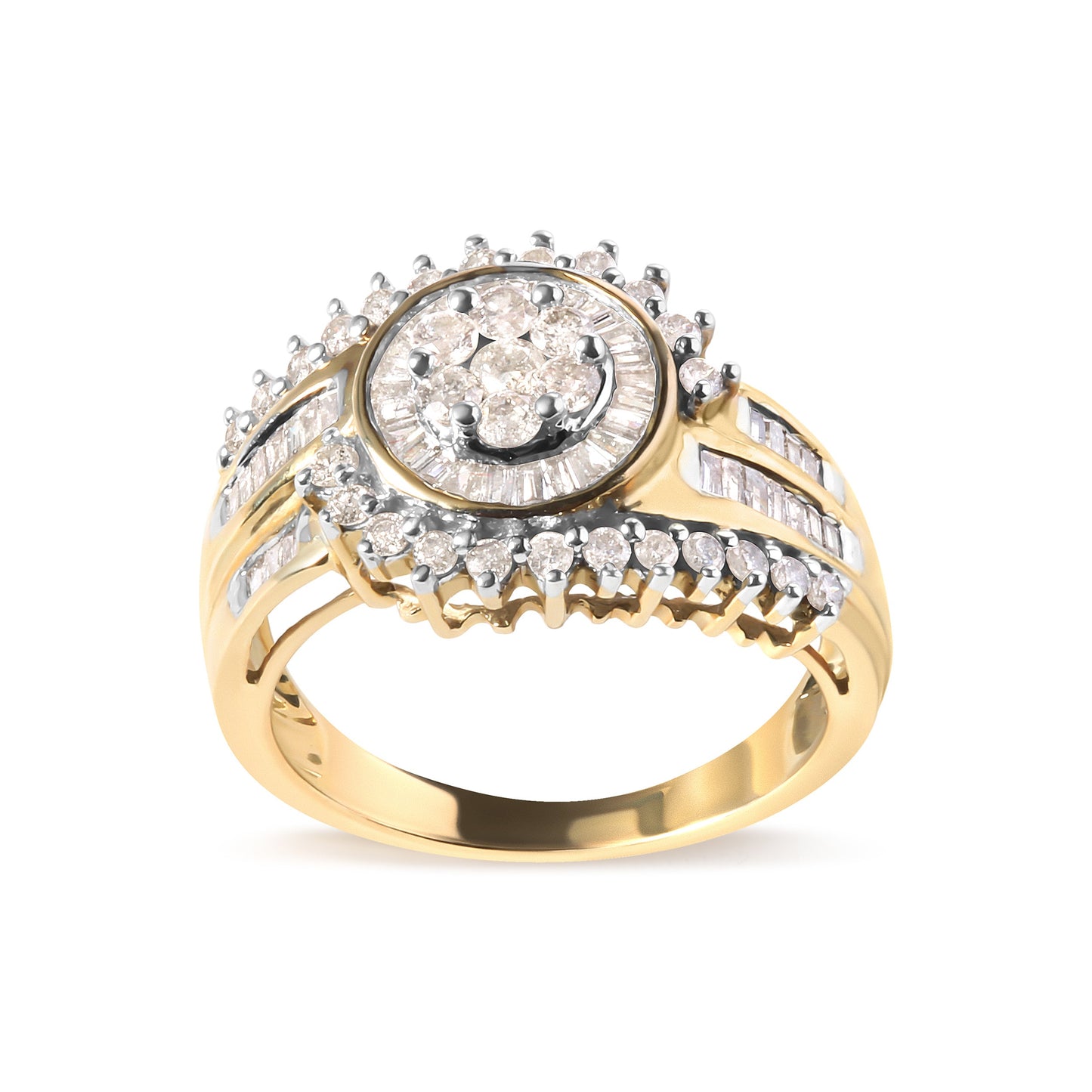 Anillo de banda en espiral con racimo de diamantes redondos y de talla baguette de oro amarillo de 10K y 1 quilate (Color H-I, Claridad I1-I2) - Talla de anillo 7