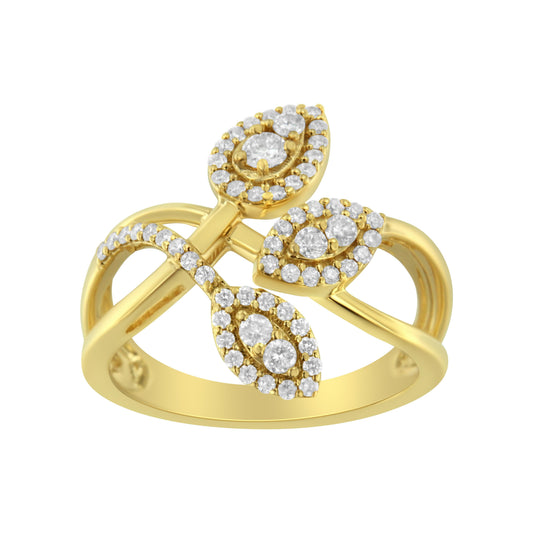 Anillo con tres hojas superpuestas de oro amarillo de 10 qt con diamantes de talla redonda de 1/2 quilate (color I-J, claridad I1-I2) - Talla 7
