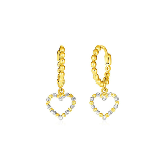 Pendientes de aro con cuentas y corazones de oro de dos tonos de 14k
