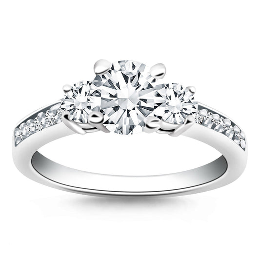 Anillo de compromiso de oro blanco de 14 quilates con tres piedras y banda de diamantes