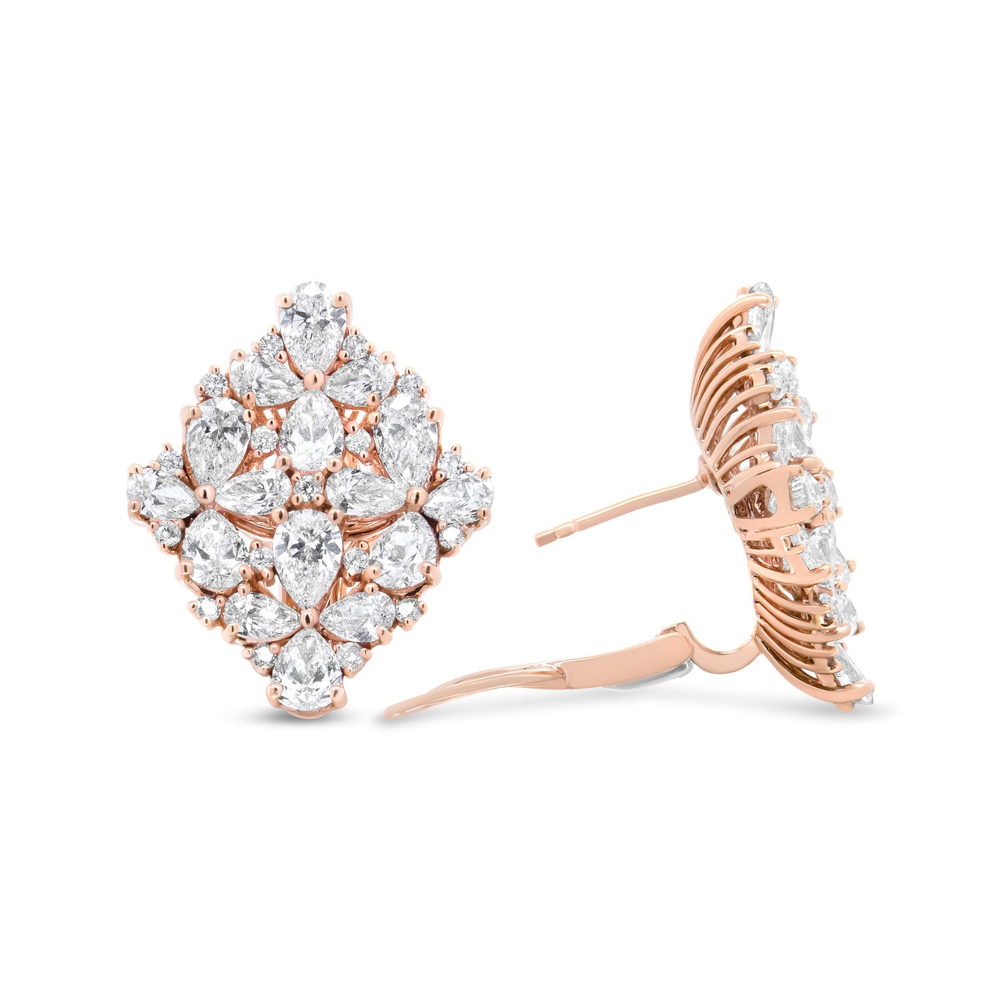 Pendientes Omega de racimo floral de perlas y diamantes redondos de oro rosa de 18 quilates y 8 1/3 Cttw (color F-G, claridad VS1-VS2)