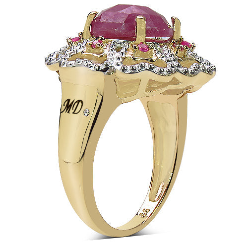 Anillo de plata de ley 925 chapado en oro amarillo de 14 quilates con zafiro rosa, rubí y diamante blanco auténticos de 5,56 quilates
