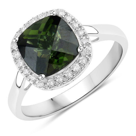Anillo de 14 quilates de oro blanco con turmalina verde genuina de 2,64 quilates y diamantes blancos