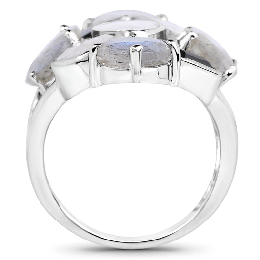 Anillo de plata de ley .925 con auténtica piedra lunar arcoíris blanca de 10.30 quilates, labradorita y ónix negro