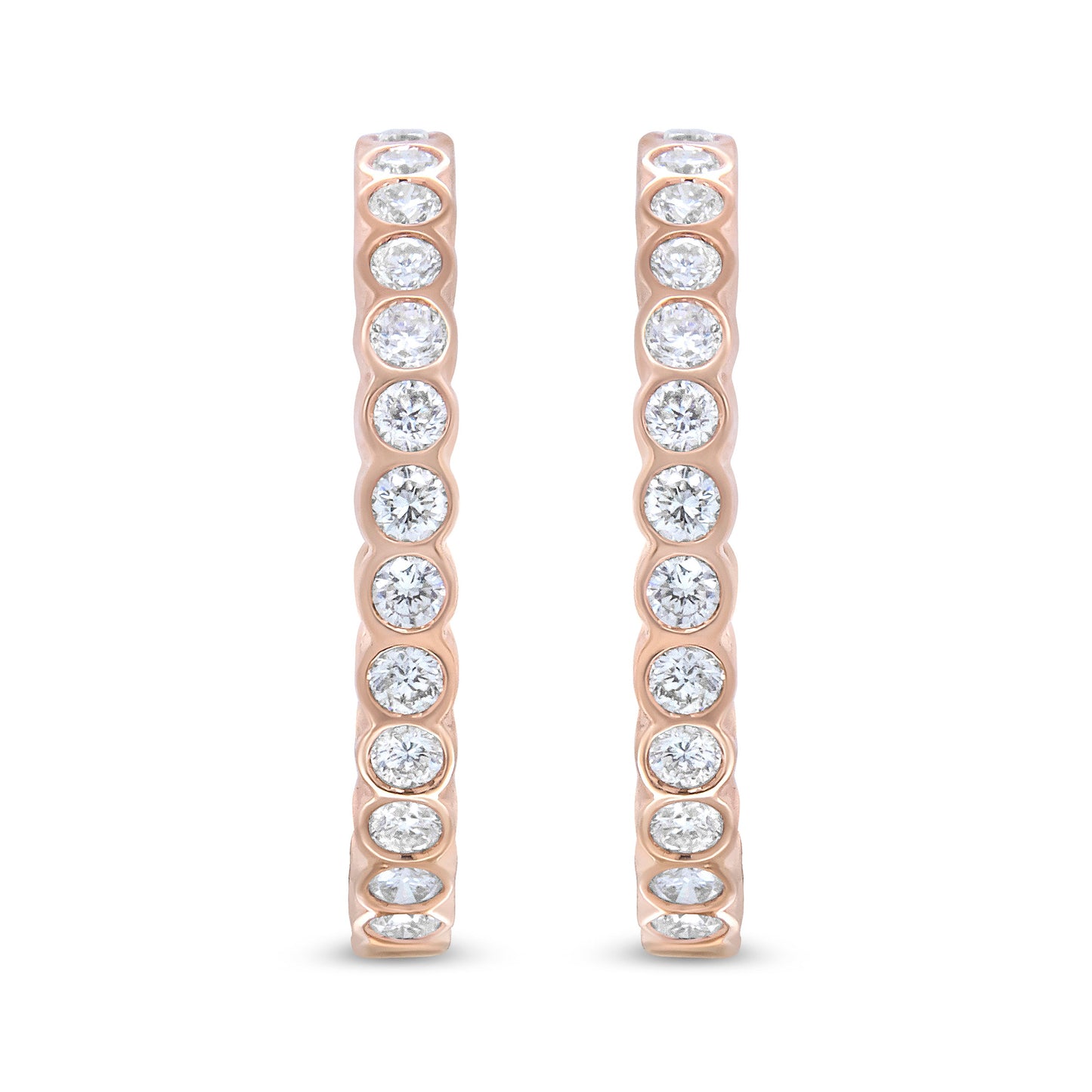 Pendientes de aro de oro rosa de 18K con diamantes redondos de 1 quilate engastados en bisel (color F-G, claridad VS1-VS2)