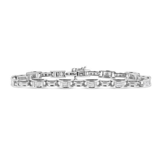 Pulsera de tenis de oro blanco de 14 quilates con diamantes princesa de 1,0 quilates engastados invisibles y eslabones alternos (color I-J, claridad I1-I2) - 7,25"