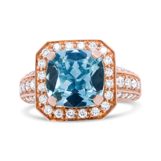 Anillo halo de oro rosa de 18K con aguamarina de talla cojín de 10x10 mm y diamantes redondos de 1 1/8 Cttw (color F-G, claridad VS1-VS2) - Talla de anillo 6.5
