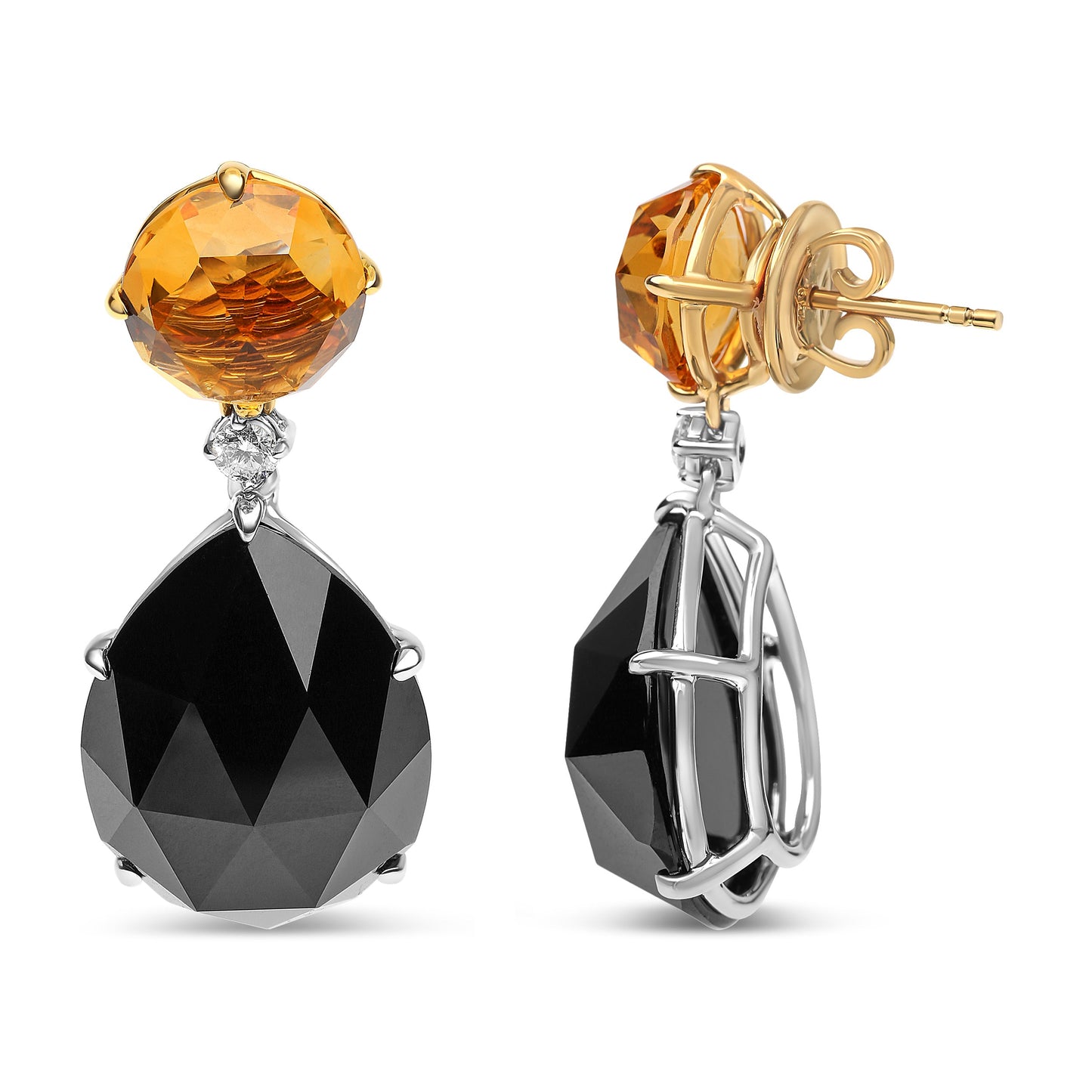 Aretes colgantes de oro blanco y amarillo de 18K con diamante de 1/5 Cttw, citrino amarillo redondo y ónix negro talla pera de 20x15mm (Color G-H, Claridad SI1-SI2)
